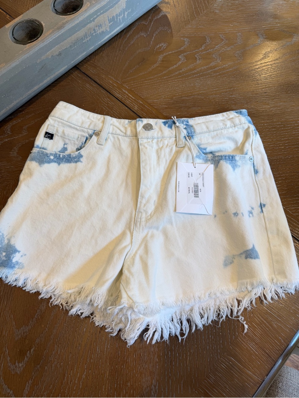 KanCan White Denim Shorts with Blue Tie-Dye Accents